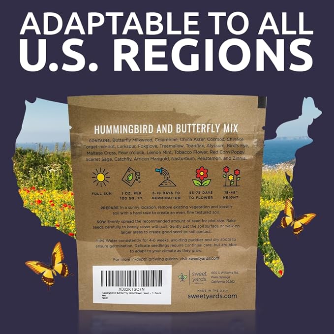 Wildflower Seeds Butterfly and Humming Bird Mix - Large 1 Ounce Packet 7,500+ Seeds - 23 Open Pollinated Annual and Perennial Species