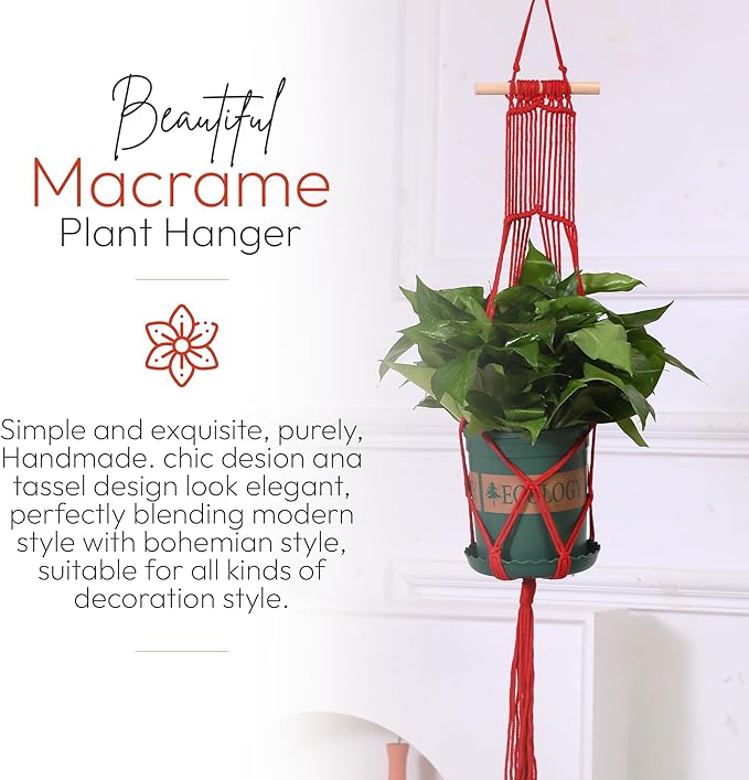 Macrame Plant Hangers Indoor Macrame Hanging Planters for Indoor Plants - 6 Pack Hanging Plant Holders Indoor Hanging, Macromay Plant Hangers for Indoor Plant Hanger, Boho & Home Decor (Red)