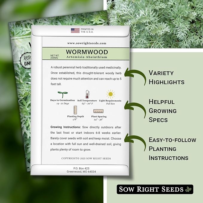 Sow Right Seeds - Wormwood Seeds for Planting - Non-GMO Heirloom Packet with Instructions to Plant & Grow an Outdoor or Indoor Herb Garden - Sagewort Repels Mosquitoes - Medicinal Worm Wood Herb (2)