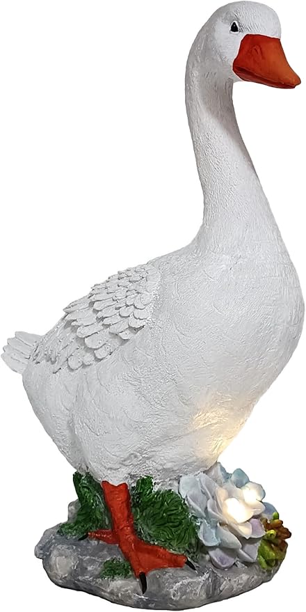 Resin GG Goose Statue with Solar Lights, Small Size, Garden Lawn Décor, Table Desk Corner Front Steps Decor, 12.9 inches Tall, White Duck, Indoor/Outdoor, by GGTown TM