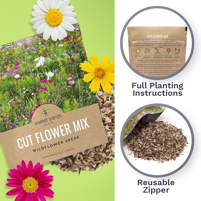 Cut Flower Garden Seeds - Extra Large 1 Ounce Packet - Over 7,500 Fresh Open Pollinated Non-GMO Wildflower Seeds - Long Lasting Annuals and Perennials with Bright Colors