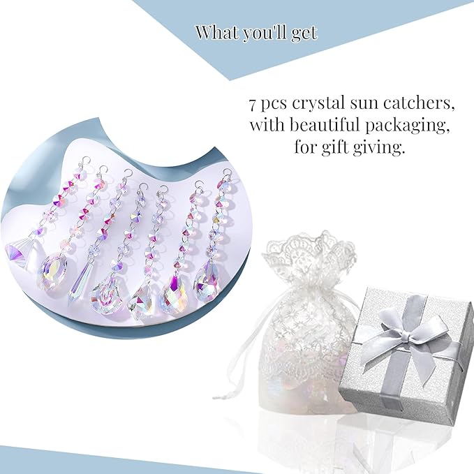 Sun Catchers with Crystals, 7 Pcs Hanging Crystals Suncatchers for Windows, Colored Crystals Prisms Glass Pendant Suncatchers Beads for Chandeliers, Garden, Christmas Tree Decoration