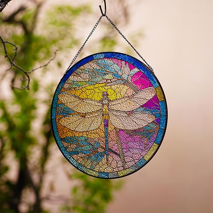 Hanging Stained Glass for Windows,20cm/7.87inch Dragonfly Hand-Painted Sun Catcher Garden Hangings Christmas Mother's Day, Valentine's Day Ornaments Festival Gift (B Style)