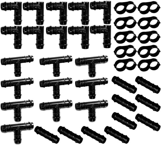 (40 Piece) - Irrigation Fittings Kit for 1/2" Inch Tubing - Tees, Couplings, Elbows, End Cap Figure 8 Plugs - Barbed Connectors (Rain Bird 16mm .520 ID Drip or Sprinkler Systems) (Black Pro Kit)