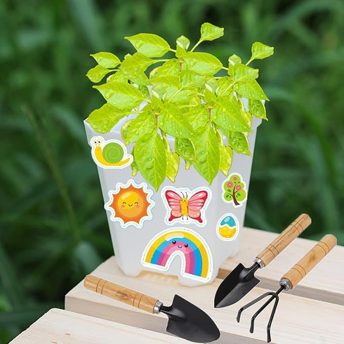 24 Pack Garden Plastic Pot Craft Kit 24 Nursery Pots with 24 Trays 16 Sheet Stickers 24 Labels 3 Tools for Kids Flower Plant Spring Summer Graduation DIY Crafts Painting Gardening Growing Tools White