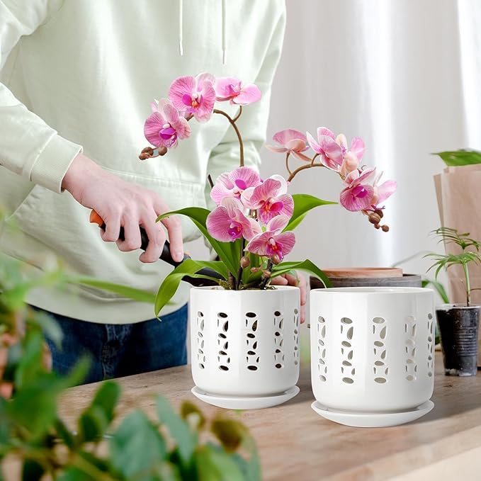 Ceramic Orchid Pots with Holes, 5 Inch+6 Inch Orchid Planter with Drainage Holes and Tray, Indoor Flower Pot for Repotting Orchids, Elegant White Glaze