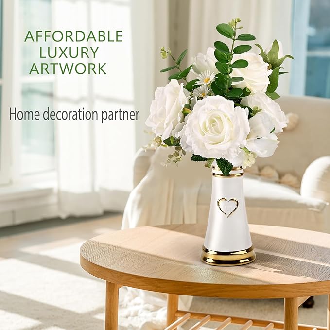 LoveLin Artificial Faux Flowers with Ceramic Vases,Affordable Luxury Artwork,Housewarming New Year Xmas Box for Wife Father,Living Dining Room Bedroom Office Hotel Home Decor White