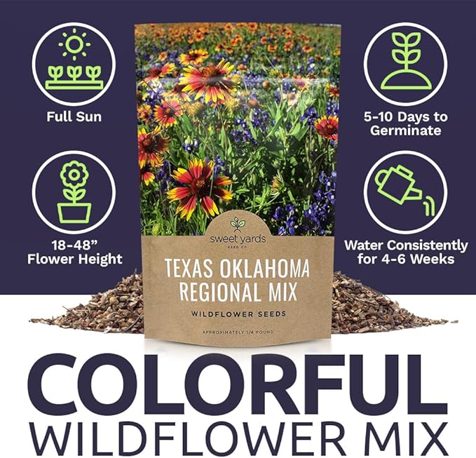 Texas Oklahoma Wildflower Seeds Mixture - Bulk 1/4 Pound Bag - Over 60,000 Native Seeds - Open Pollinated and Non GMO