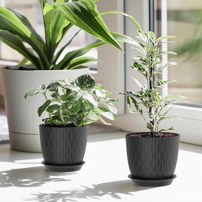 7 inch Plant Pots, 5 Pack Flower Pots with Drainage Holes and Saucers for Indoor Plants, Plastic Planters with Water Ripple for Small Garden House Plants, Nursery Pots for Succulent, Black