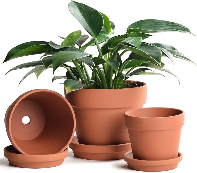 INGOFIN Terracotta Pots Set with Saucer - 5/6/7 inch Ceramic Clay Planters with Drainage Hole, Garden Flower Succulent Pots with Tray for Indoor Outdoor Plants, Set of 3