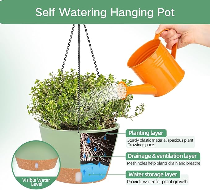 QCQHDU 2 Pack 10 inch Hanging Planters for Indoor Plants, Outdoor Hanging Baskets, Self Watering Pots with Drainage Holes & Removable Tray (Green, 10 inch)