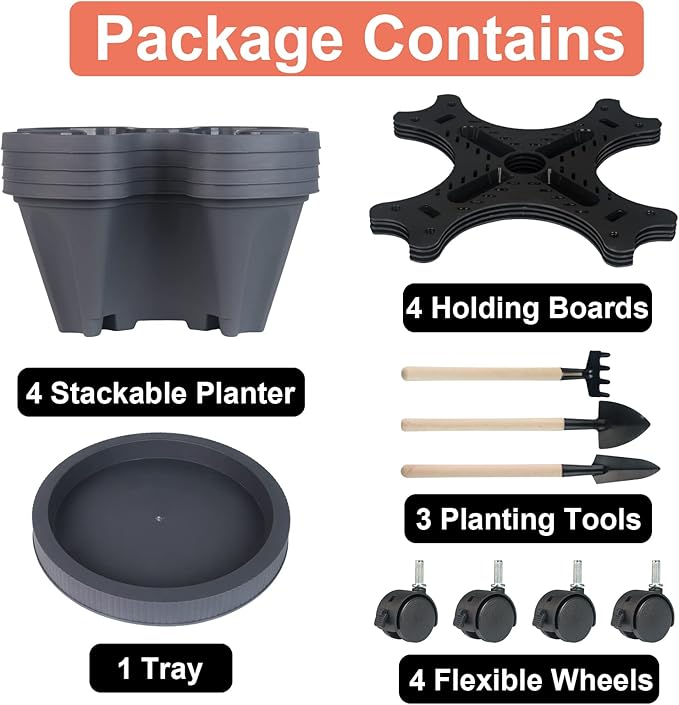 Vertical Planter 4 Tier Stackable Planters Garden Planters Strawberry Herb Flower and Vegetable Planter Indoor Outdoor Gardening Pots with Removable Wheels and Tools