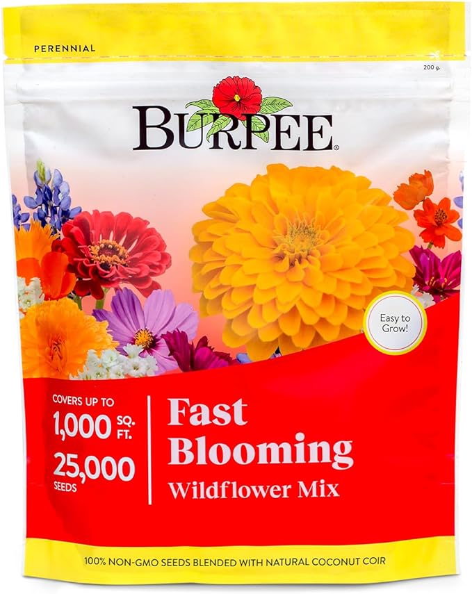 Burpee Fast Blooming 25,000 Non-GMO Planting, 1 Bag Easy Grow Wildflower Seed Mix Contains 14 Flower Varieties for Home Garden