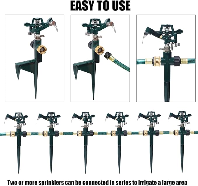 Biswing 2 Pack Impact Sprinkler Head on Metal Step Spike, Heavy Duty Zinc Alloy Lawn Sprinkler, Adjustable Coverage Nozzle on Sturdy Spike Base, 360 Degree Large Area Irrigation, Green