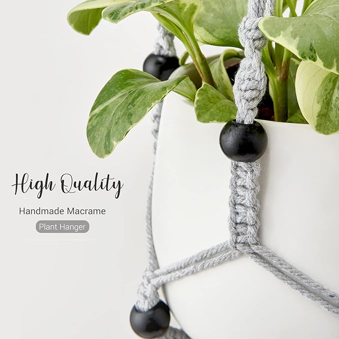 Mkono Macrame Plant Hanger Indoor Hanging Planter Basket with Wood Beads Decorative Flower Pot Holder No Tassels for Indoor Outdoor Boho Home Decor 35 Inch, Grey, Set of 2 (POTS NOT Included)