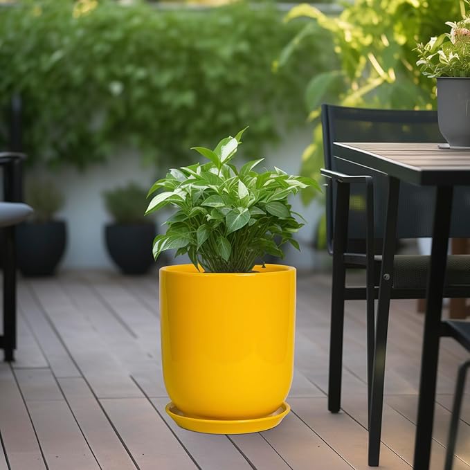 Ceramic Pot for Plants - 10 Inch Plant Pot Indoor with Drainage Hole and Saucer Large Planter for Outdoor Plants Cylinder Decorative Flower Pot Yellow