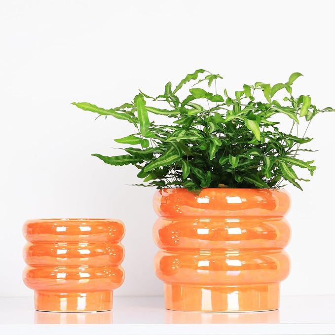7.8 Inch + 5.7 inch 2 pcs Ceramic Plant Pots for Indoor Plants, Rainbow Pearl Glaze Planter with Planters for Plants with Drainage Hole, Orchid Pots, Succulent Pot, Flower Pot (Orange)