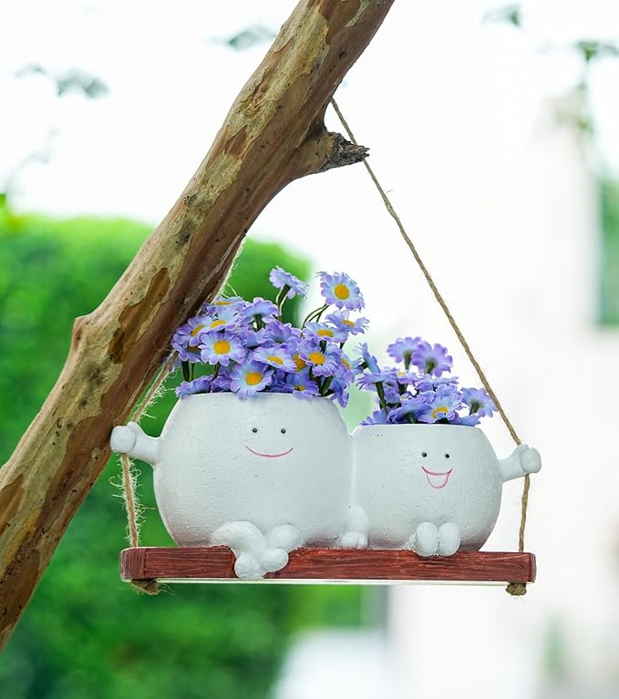 Cute Swing Planter Hanging,Smiley Face Couple Planter Pot,Hanging Plant Face Pot for Indoor Outdoor Plants, (White)