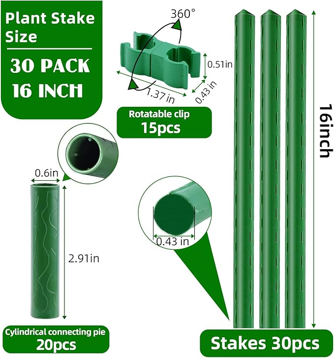 Garden Stakes 16 Inch 30 Pack, Diy 4ft 5ft 6ft 7ft 8ft Tomato Stakes Plastic Coated Metal Plant Sticks Stakes Supports with 20 Connectors 15 Rotatable Clips for Indoor Outdoor Plants Vegetable