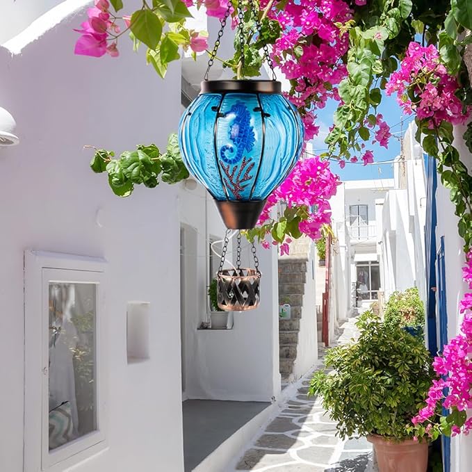 Seahorse Solar Hot Air Balloon Lantern with Flame Flickering Light,Glass Hot Air Balloon Solar Lanterns Outdoor Waterproof Hanging Outdoor Lights for Yard,Patio,Porch Garden Gift for Women