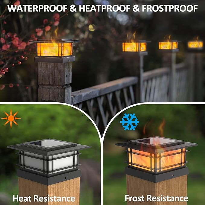 Dynaming 6 Pack Solar Flame Post Lights Outdoor, Solar Powered Fence Post Cap Lights, High Brightness Flickering Flame SMD LED Lighting Decor for Garden Deck Patio, 4x4, 5x5 or 6x6 Vinyl/Wooden Posts