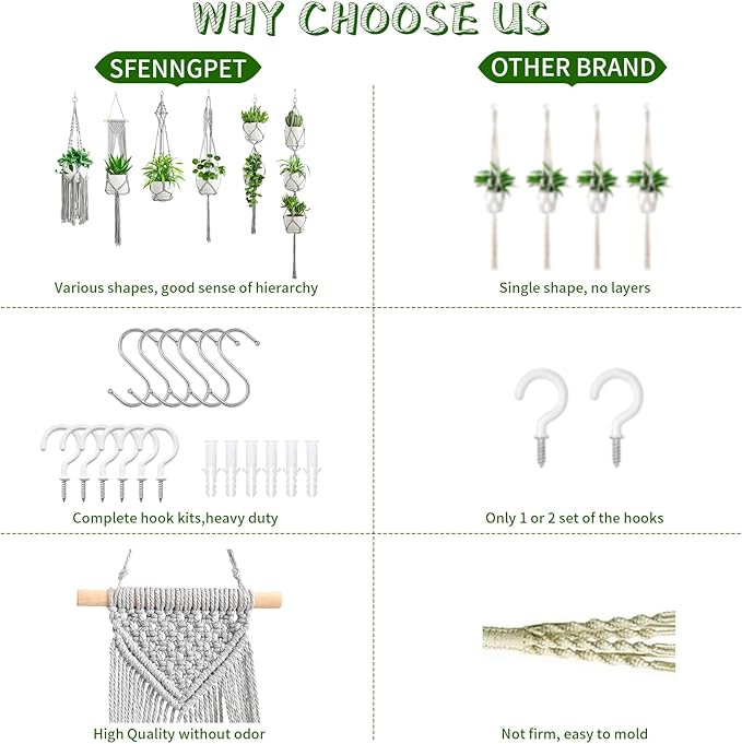 Macrame Plant Hangers, 6Pack Hanging Planters for Indoor Plants w/ 6 Set Hangers Kit Handmade Macromay Plant Hangers Indoor Flower Pots Holder Stand for Boho Home Décor (POTS NOT Included)