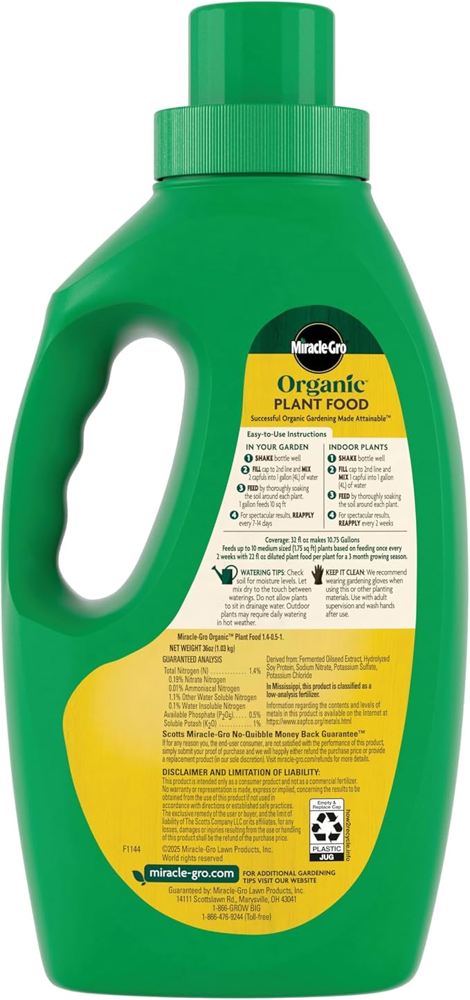 Miracle-Gro Organic Plant Food, Made from Plants for All Plants, Use with Indoor or Outdoor Container Plants and In-Ground Gardens, OMRI Listed, 32 oz.