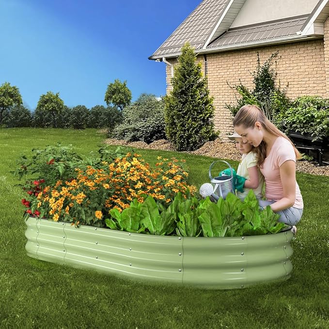 Raised Garden Bed, 8x4x1ft Galvanized Outdoor Planter Beds with Safety Edging and Gloves, Oval Metal Planter Box for Gardening Vegetables Flowers Herb