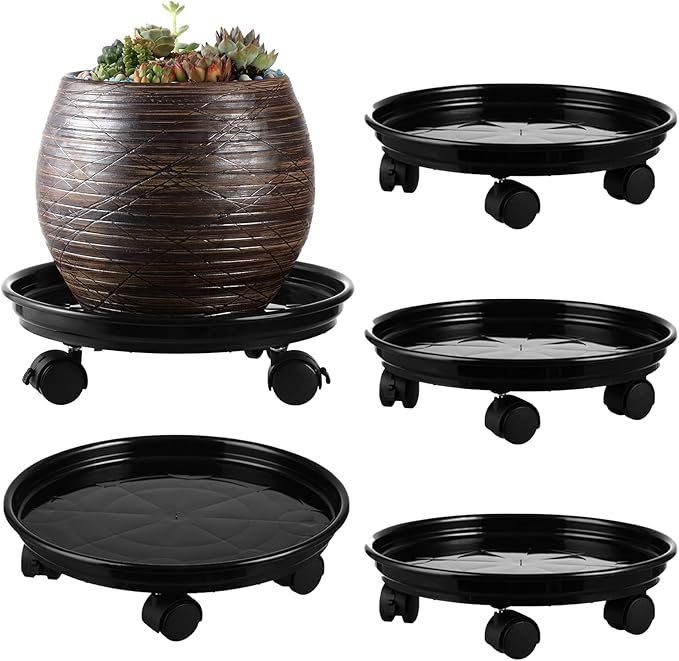 4 Packs Plant Caddy with Wheels 11.8" Plastic Rolling Plant Stands Heavy-duty Plant Dolly with Casters Indoor Outdoor Wheeled Plant Roller Base Large Planter Saucers Plant Mover, Black