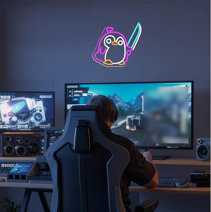 Penguin Neon Sign Dimmable Penguin Knife Neon Signs for Wall Decor LED USB Powered Cute Anime Neon Light Sign For Boys Bedroom Room Garden Party Restaurant Home Decoration Birthday Gifts