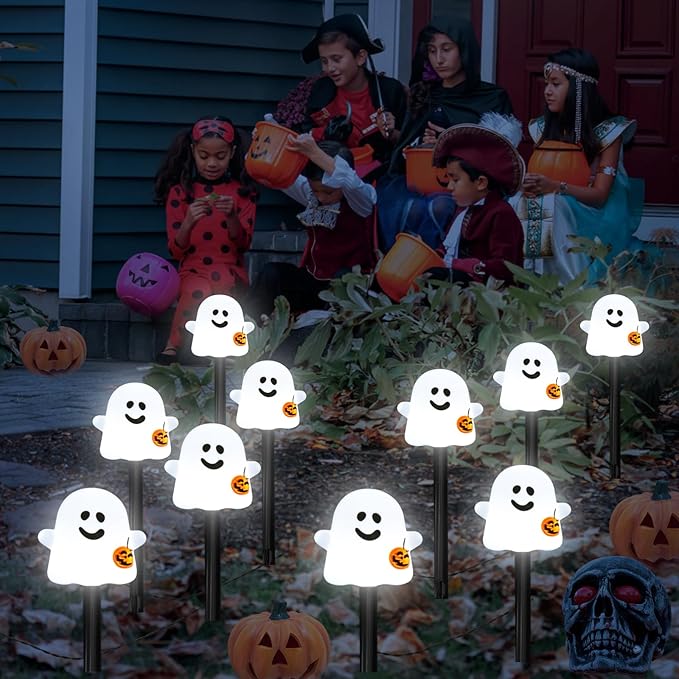 Solar Halloween Ghost Pathway Lights, 10 Pack Ghost Stake Lights with Pumpkin Design, Durable Waterproof Outdoor Halloween Decoration for Garden, Walkway, and Yard (10Pcs PGhost)