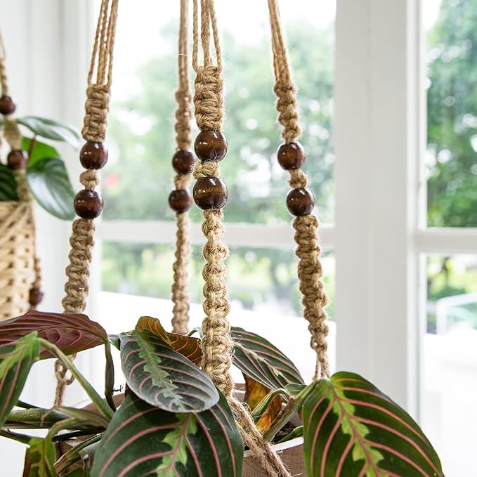 Mkono 3 Pack Macrame Plant Hangers Indoor Different Size Hanging Planter Basket Flower Pot Holder with Beads No Tassels 35"/29"/23", Medium, Brown