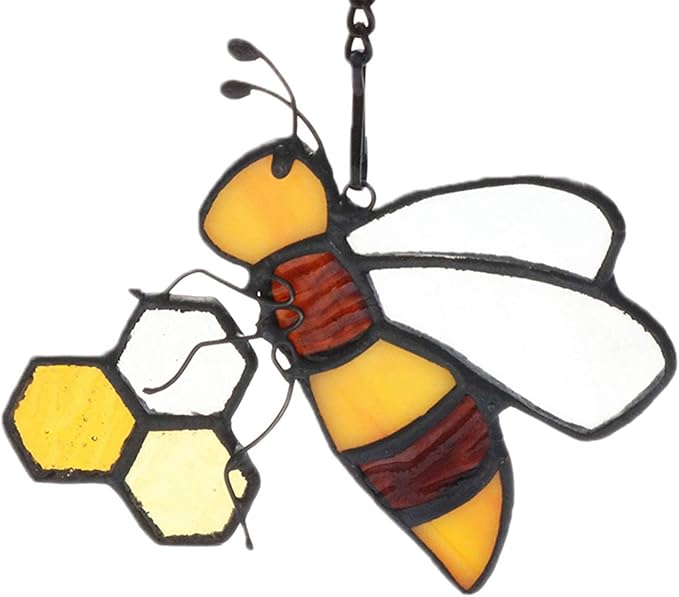 Bee On Honeycomb Stained Glass Window Hangings, Bee Suncatcher Garden Bee Decor Bee Gift for Mom Women