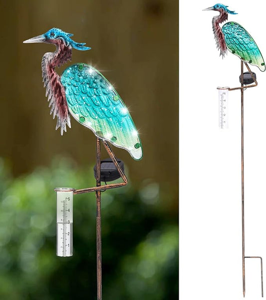 LEWIS&WAYNE 43’’ Solar Heron Rain Gauge Outdoor Decorative Metal Stake LED Lights with Glass Tube Solar Pathway Lights for Garden, Yard, Patio, Lawn Decor