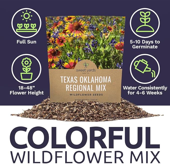 Texas Oklahoma Wildflower Seeds Mixture - Bulk 1 Ounce Packet - Over 15,000 Native Seeds - Open Pollinated and Non GMO