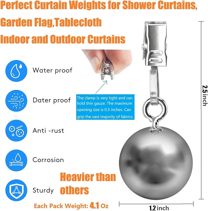 10 Pack Heavy Duty Curtain Weights, Heavy Weights for Outdoor Curtains of Pergola Patio Gazebo Cabana, Stainless Steel Weight Clip Down Curtain, Garden Flag, Shower Curtain, Tablecloth