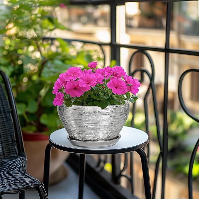 Pot for Plants 9 Inch - Ceramic Plant Pot Indoor with Drainage Hole and Saucer Round Planter for Indoor Plants Modern Decorative Flower Pot for Home Decor Silver