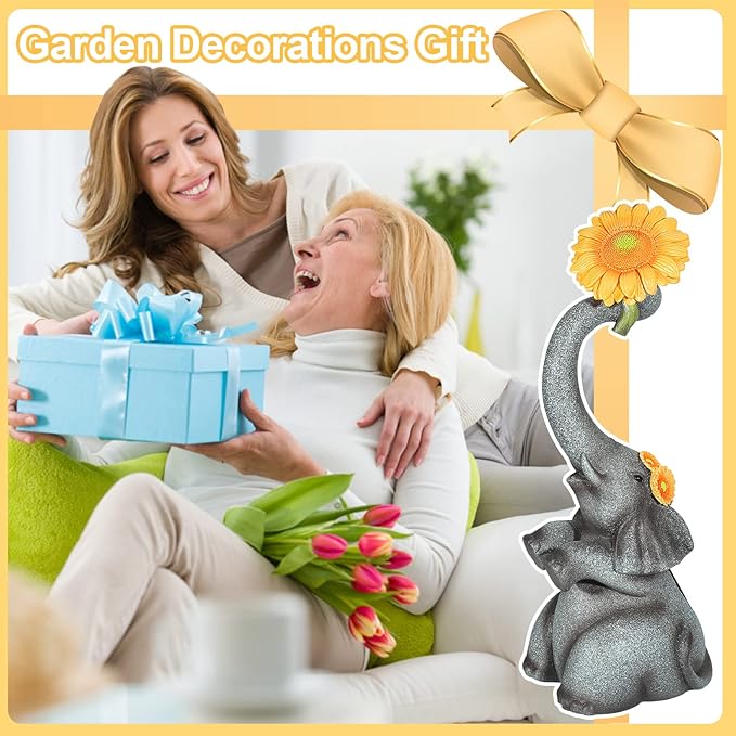 Elephant Sunflower Garden Decor, 14.3" Solar Large Garden Statue, Outdoor Yard Decor, Gifts for Mom, Grandma