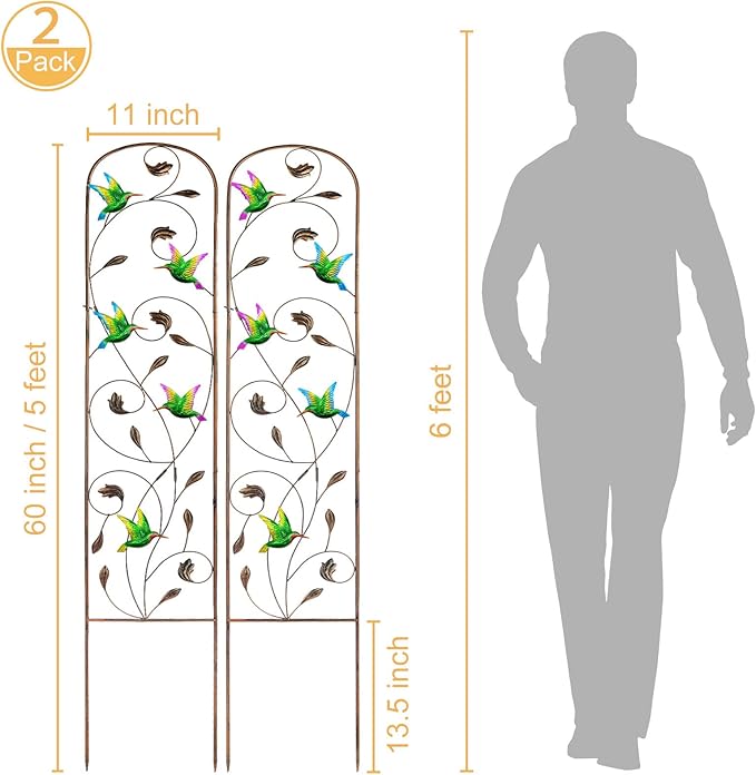 LEWIS&WAYNE 2 Pack Metal Garden Trellis with Colorful Hummingbird 60 Inch High Outdoor Decoration Arched Fence Trellis for Climbing Plants for Patio, Lawn, Yard, Backyard, Wall Brackets