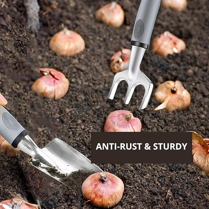 Garden Tools and Watering Set (9-Piece) | Heavy Duty Stainless Steel Hand Tool Kit with Ergonomic Handles, Gardening Gloves, and Tote Bag with Storage Pockets (Silver)