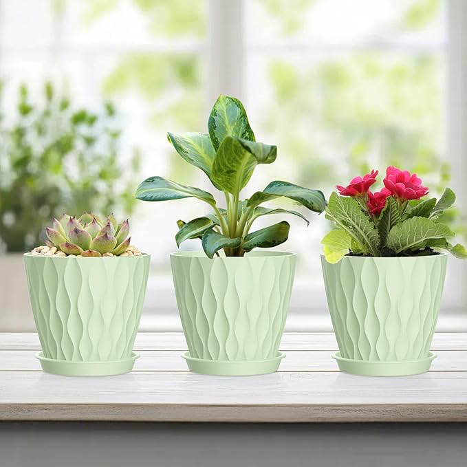 6 Pack 4 Inch Small Plant Pots with Saucers, 3D Textured Plastic Planters with Drainage Holes for Indoor and Outdoor Plants, Flowers, Herbs, Succulents, and Seedlings, Green