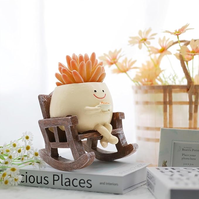 Smiley Face Planters for Indoor Plants, Cute Head Resin Rocking Chair Plant Pots, Funny Small Pots for Plants with Drainage Hole for Home Decor (Drinking Coffee)