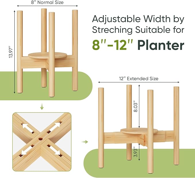 2 Pack Adjustable Plant Stand, Bamboo Plant Stand Indoor with Tray, Wood Plant Stand for 8 to 12 inches Flower Pots, Single Mid Century Modern Plant Stand for Indoor Plants, Natural