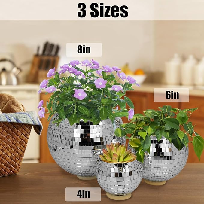 2Pcs Disco Ball Planter, 6"/8" Disco Planter with Hanging Chain & Hook & Ring Stand, Disco Ball Plant Hangers for Indoor and Outdoor Plants, Hanging Plant Holder (2Pcs 6", Silver)