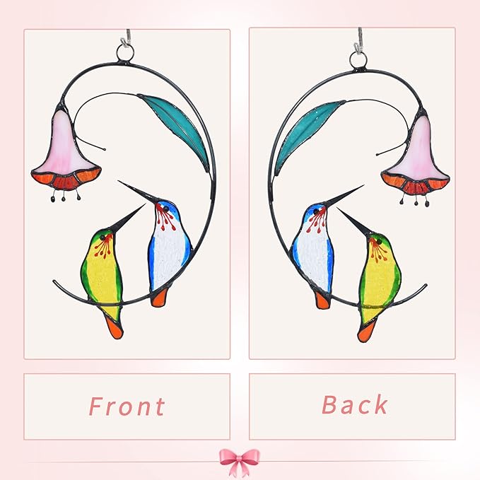 Lolitarcrafts Hummingbird with Flower Stained Glass Suncatcher Bird Stained Glass Window Hangings Hummingbird Gift for Home Decor (Green and Blue)