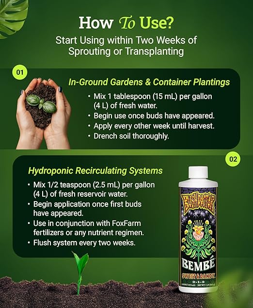 Foxfarm Bushdoctor Bembé Concentrate, Fast-Acting Liquid Plant Fertilizer, Enhances Natural Sugars for Sweetness and Flavor - Easy Absorption for Soil, Containers, and Hydroponics- NPK 0-1-3 (Pint)