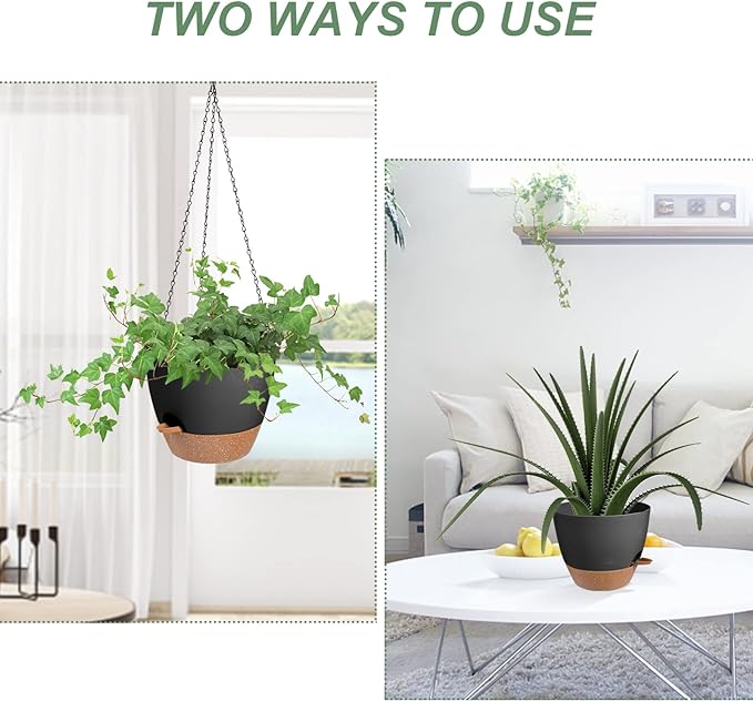 Hanging Planters for Indoor Outdoor Plants, 2 Pack Self Watering Hanging Pot with Drainage Holes & Removable Tray (Black, 10'')