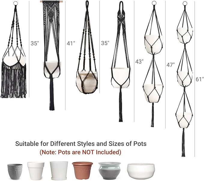 Mkono Macrame Plant Hangers, 6 Pack Indoor Hanging Planters for Plants with 6 Hooks Decorative Hanging Basket Flower Pots Holder Stand in Different Sizes for Modern Home Decor, Black
