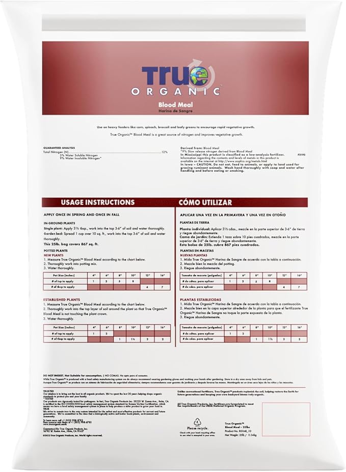 True Organic Blood Meal – High-Nitrogen Organic Fertilizer for Rapid Vegetative Growth – 25lb Bag Covers 867 Sq. Ft.