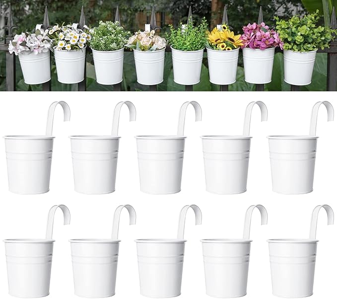 Dahey 10 Pcs Hanging Flower Pots Metal Iron Bucket Planter for Railing Fence Balcony Garden Home Decoration Flower Holders with Detachable Hooks, White, 5 inches
